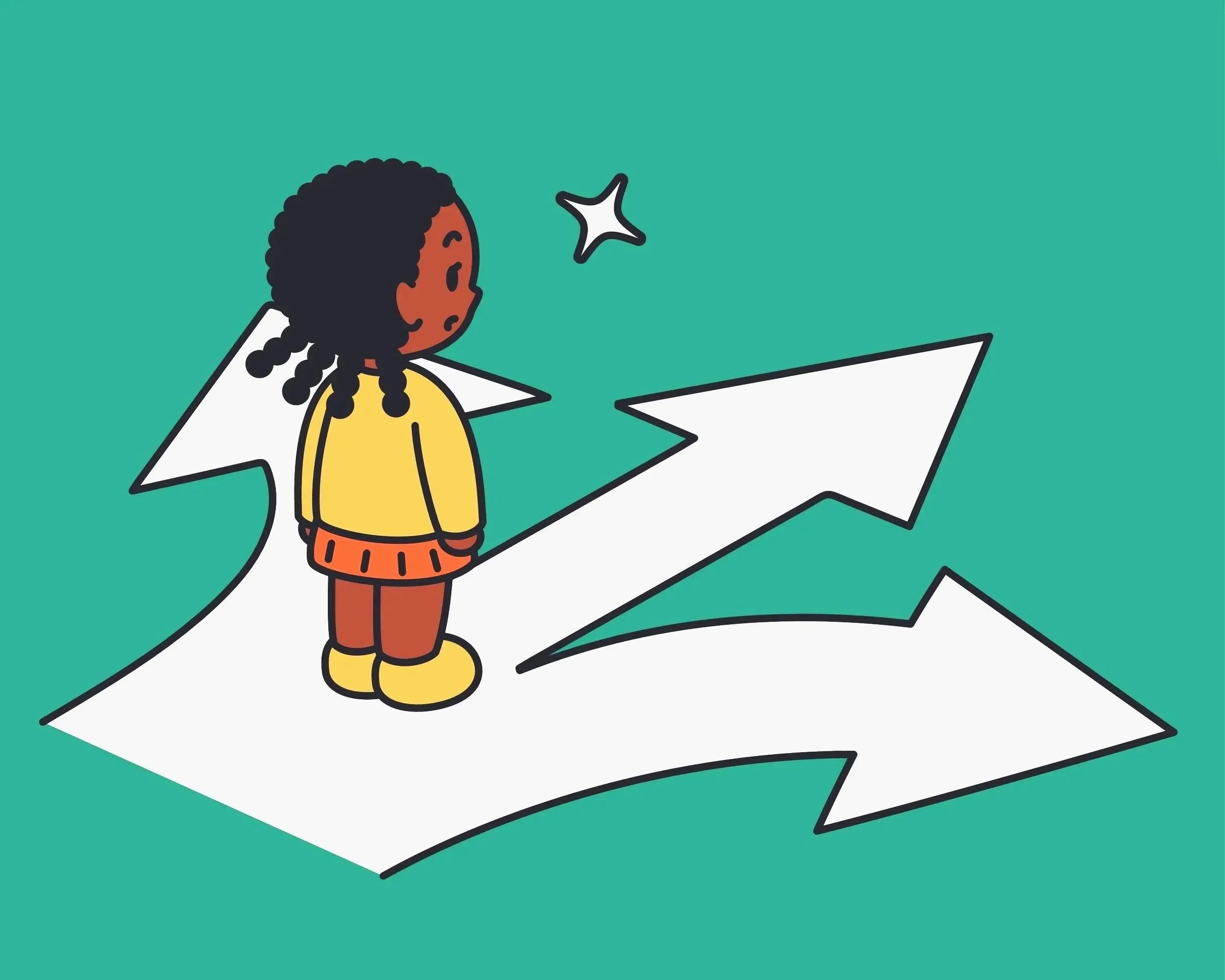 A cartoon girl with curly hair and yellow clothing standing on a white arrow with black outline that splits into two directions, set against a teal background.