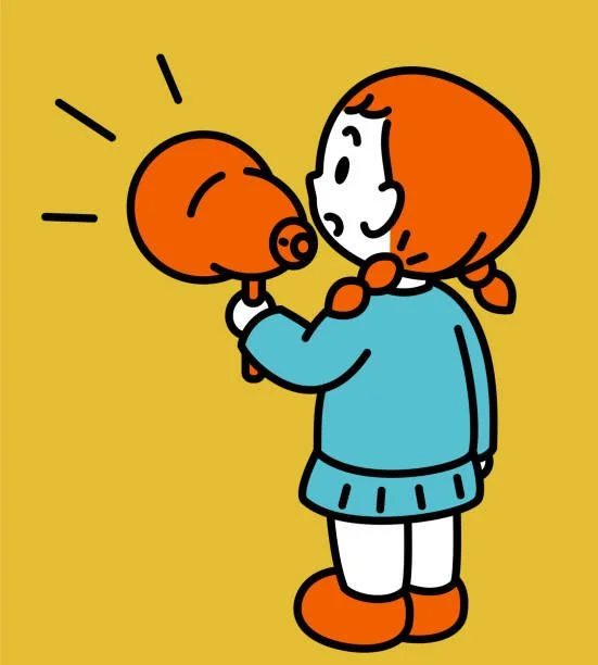 A cartoon girl with red hair in pigtails holding a puppet of a pig, facing it with a surprised expression.