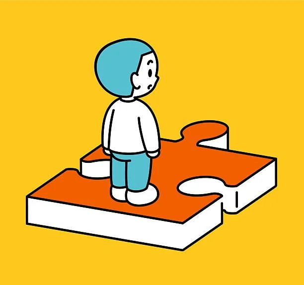 A cartoon boy with blue hair standing on a large orange and white puzzle piece against a yellow background.