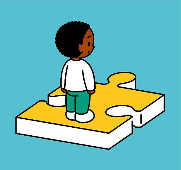 A cartoon child standing on a yellow puzzle piece.