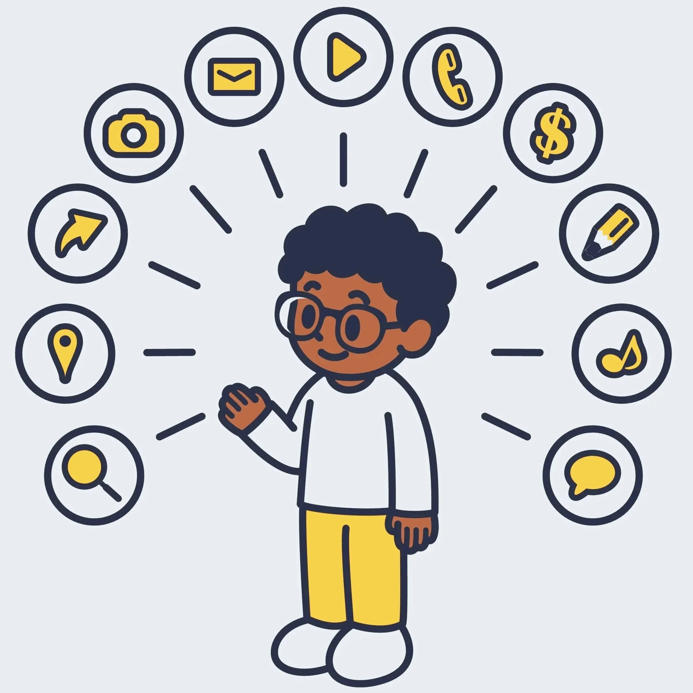 A cartoon boy with glasses standing with a cheerful expression, surrounded by icons representing various activities and interests such as camera, email, play button, phone, dollar sign, pen, music note, speech bubble, magnifying glass, location pin, arrow, and envelope.
