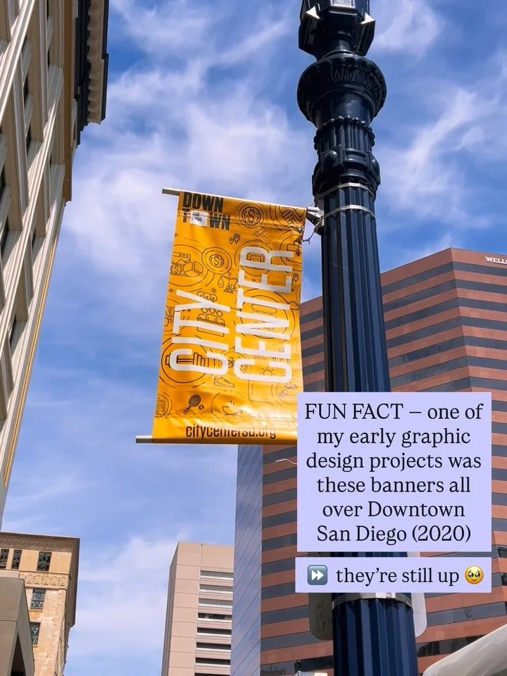 In 2020, I worked on this awesome neighborhood beautification &amp; placemaking project with @downtownsandiego and I&rsquo;m thrilled to see the banners still flying high today! 🤩💛🥹 The idea was to create moments of color, whimsy, and joy to help 