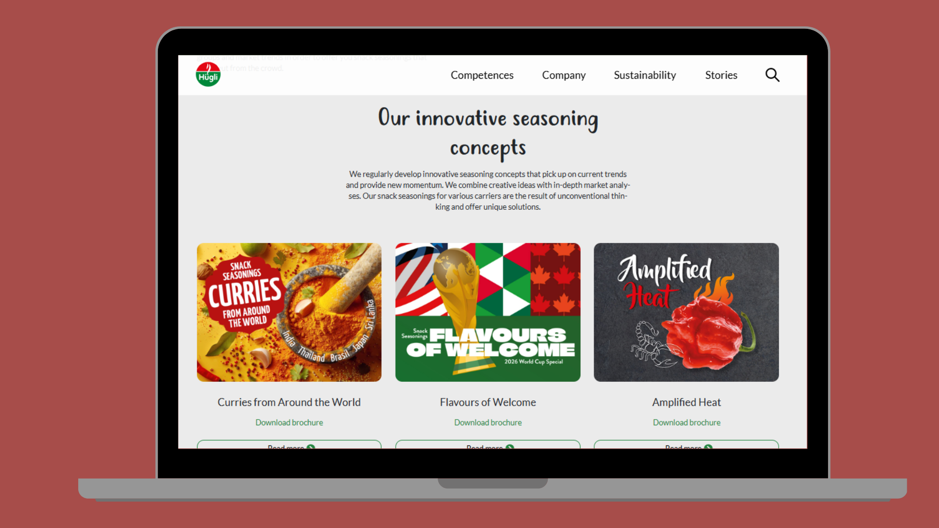 Laptop screen displaying webpage titled 'Our innovative seasoning concepts' with three sections: 'Curries from Around the World', 'Flavours of Welcome', and 'Amplified Heat', each with a colorful graphic and 'Download brochure' link.
