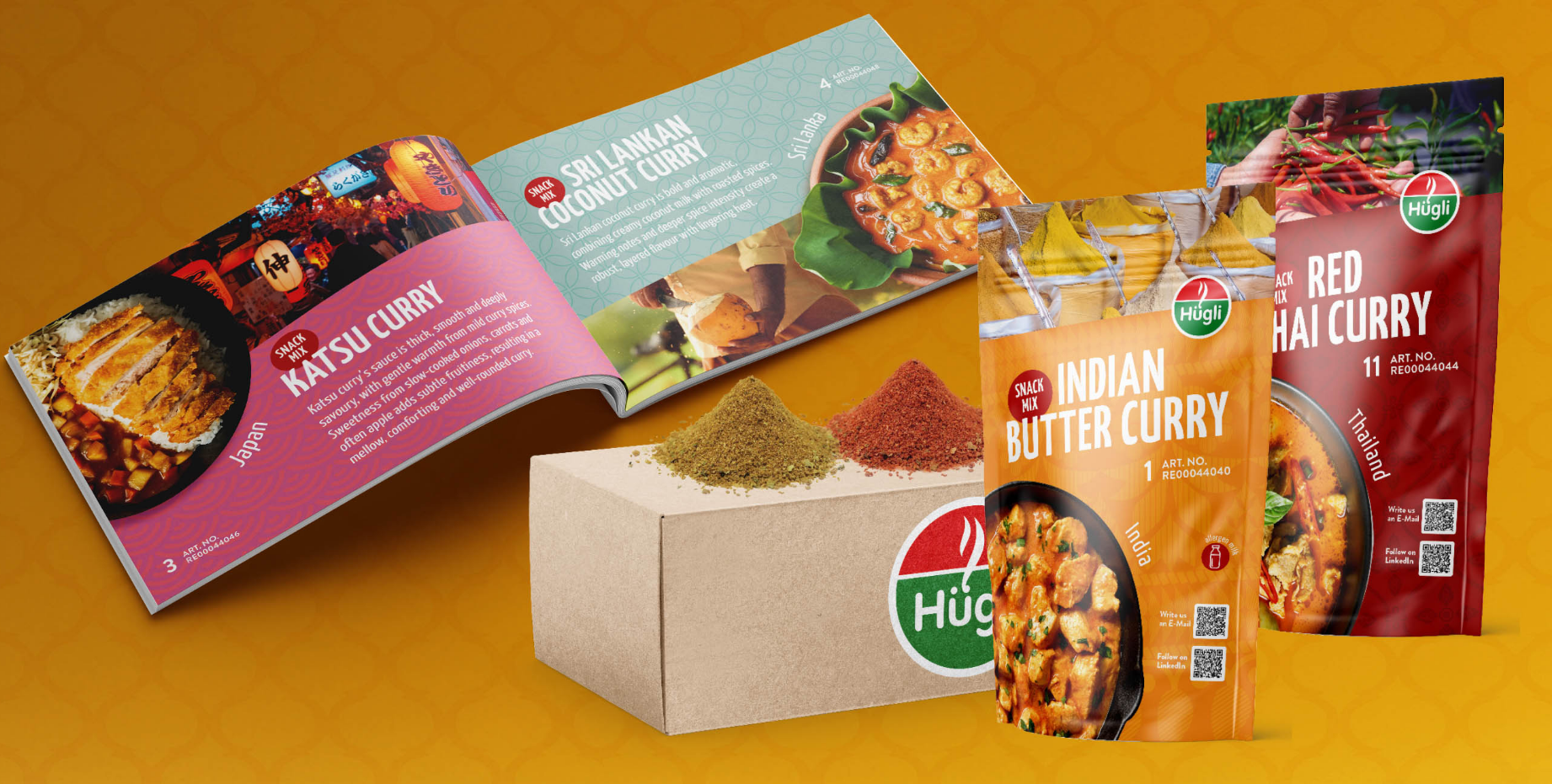 Assorted spice packets and a board with spices, along with brochures featuring Indian, Sri Lankan, and Japanese curry dishes, set on a yellow surface.