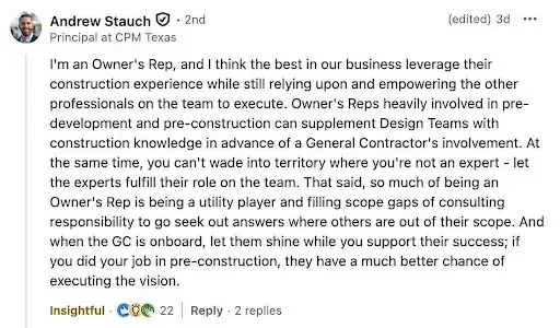 Screenshot of a LinkedIn post by Andrew Stauch discussing the collaborative role and responsibilities of a great Owner's Representative.