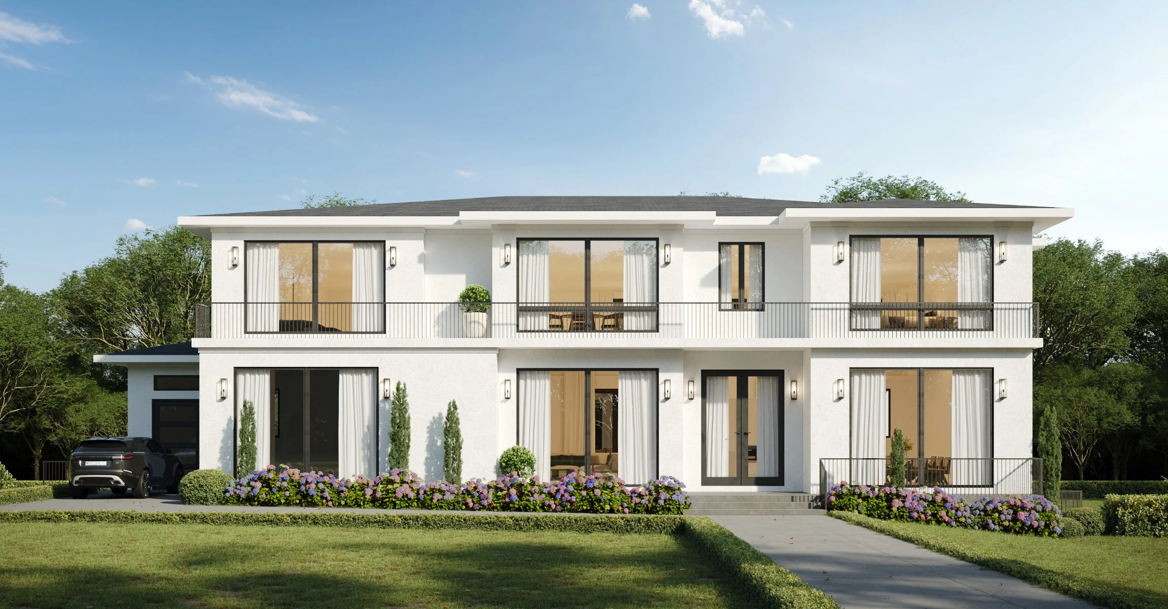 Modern white two-story house with large glass windows and sliding doors, surrounded by landscaped yard with flowerbeds, bushes, and trees, and a driveway with a parked black car.