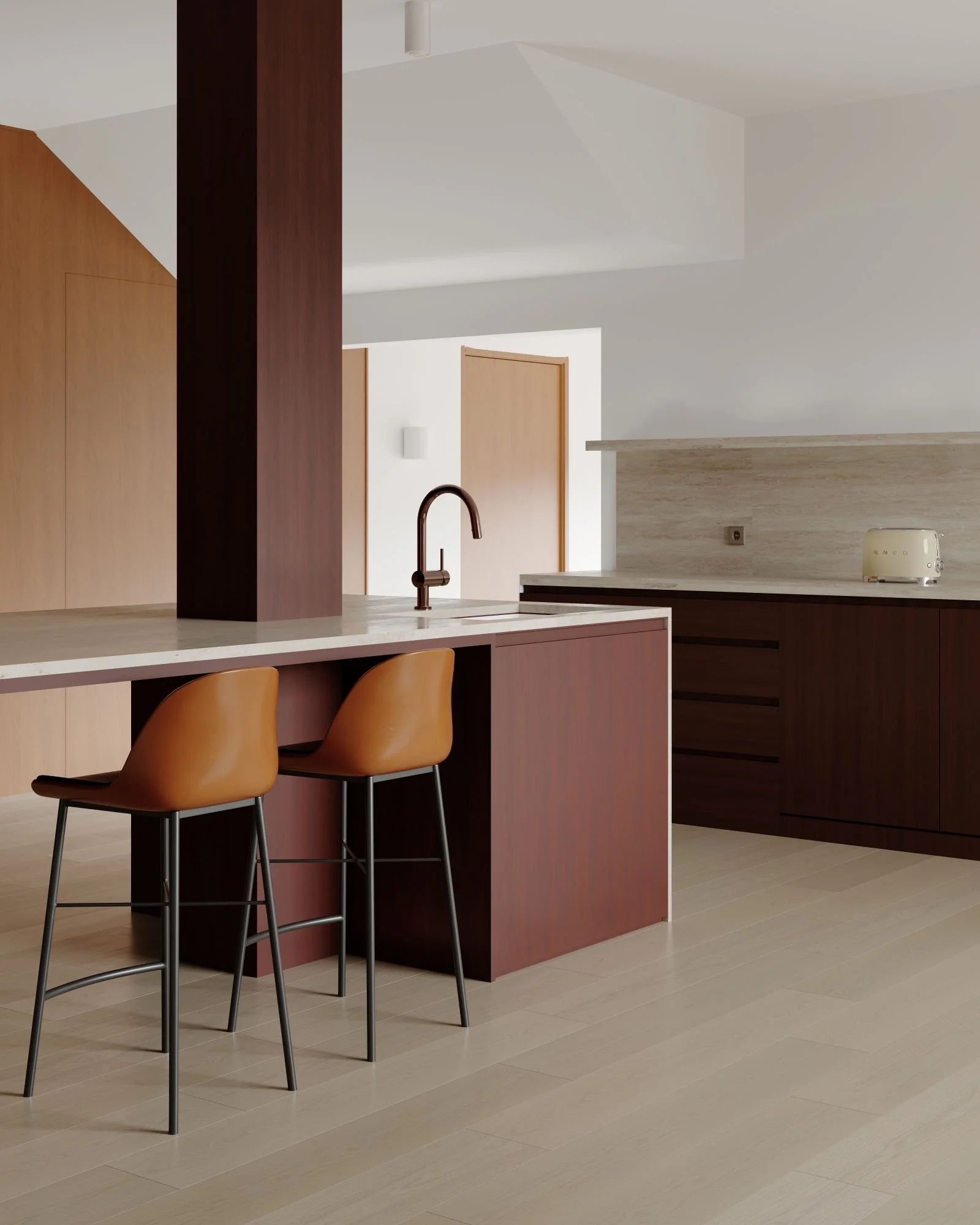 Modern kitchen with dark wood cabinets, a kitchen island with a white countertop, two brown bar stools, a black faucet, a beige backsplash, and a cream-colored toaster.