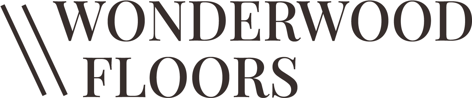 Logo for Wonderwood Floors featuring the company name in large uppercase letters with a stylized diagonal line to the left.