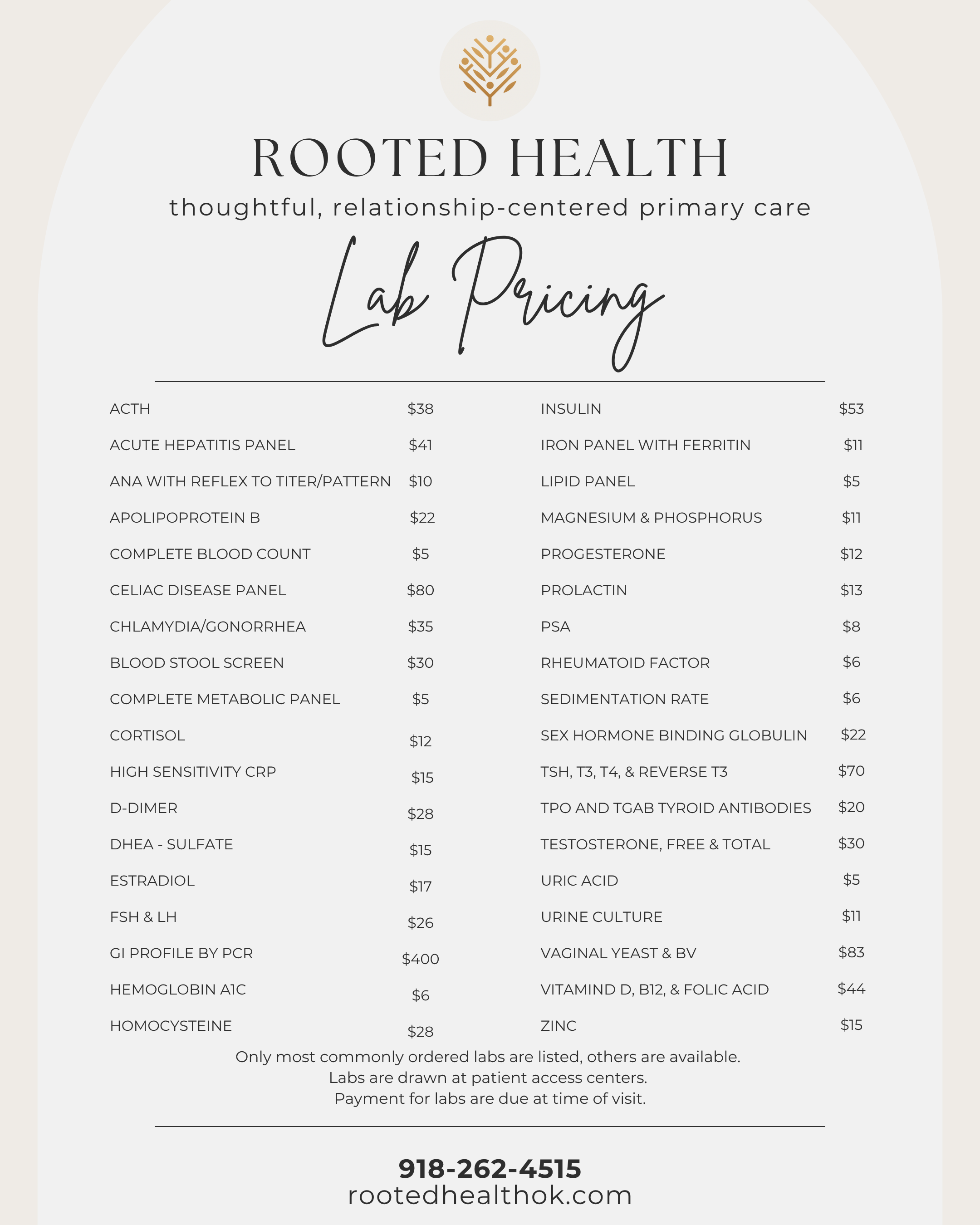 Laboratory test price list from Rooted Health featuring panels such as ACTH, Hepatitis, ANA, Blood Count, Celiac, Clamydia, Blood Stool, Metabolic, Cortisol, and others with prices ranging from $5 to $400, including tests for hormones, vitamins, and infectious diseases, with a note about lab ordering and payment policies, and contact information at the bottom.