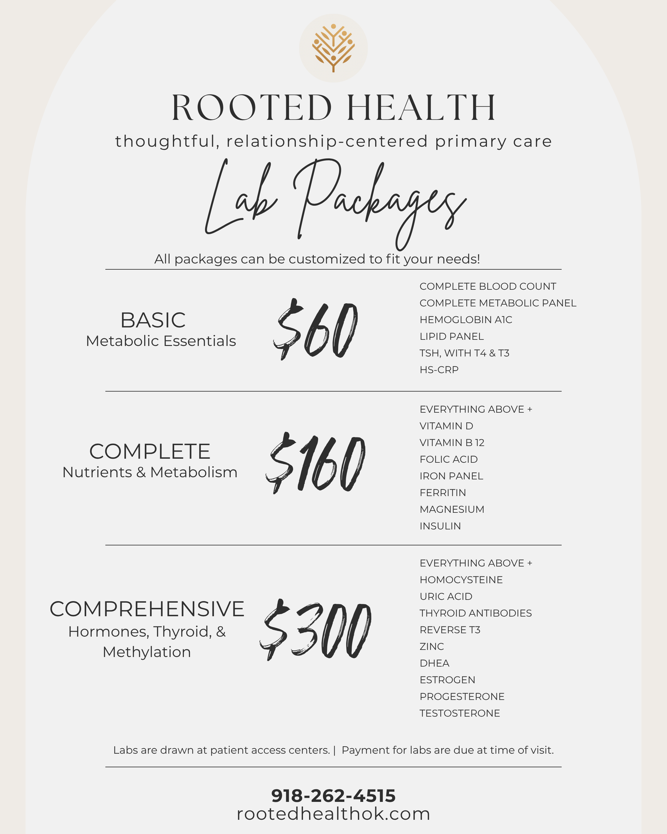 A digital flyer for Rooted Health promoting lab packages for metabolic, nutrient, hormonal, and comprehensive health testing. Prices are listed as $60, $160, and $300, with details of what each package includes and notes about lab access and payment. Contact information and website are provided at the bottom.