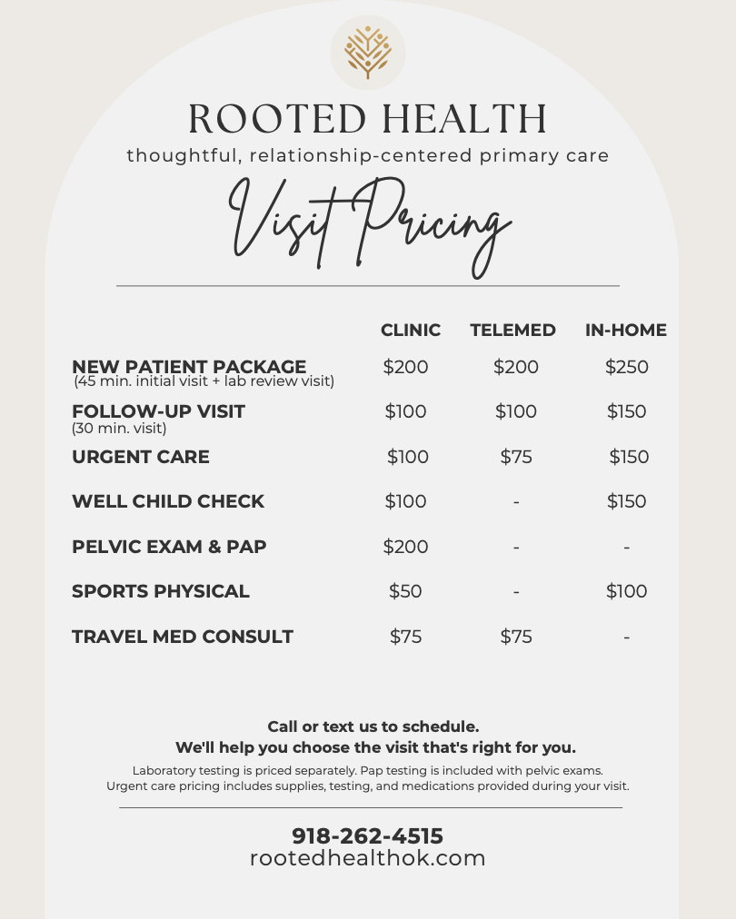 Rooted Health visit pricing, including clinic, telemed, and in-home options for services such as new patient package, follow-up, urgent care, well child check, pelvic exam, sports physical, and travel health consultation.