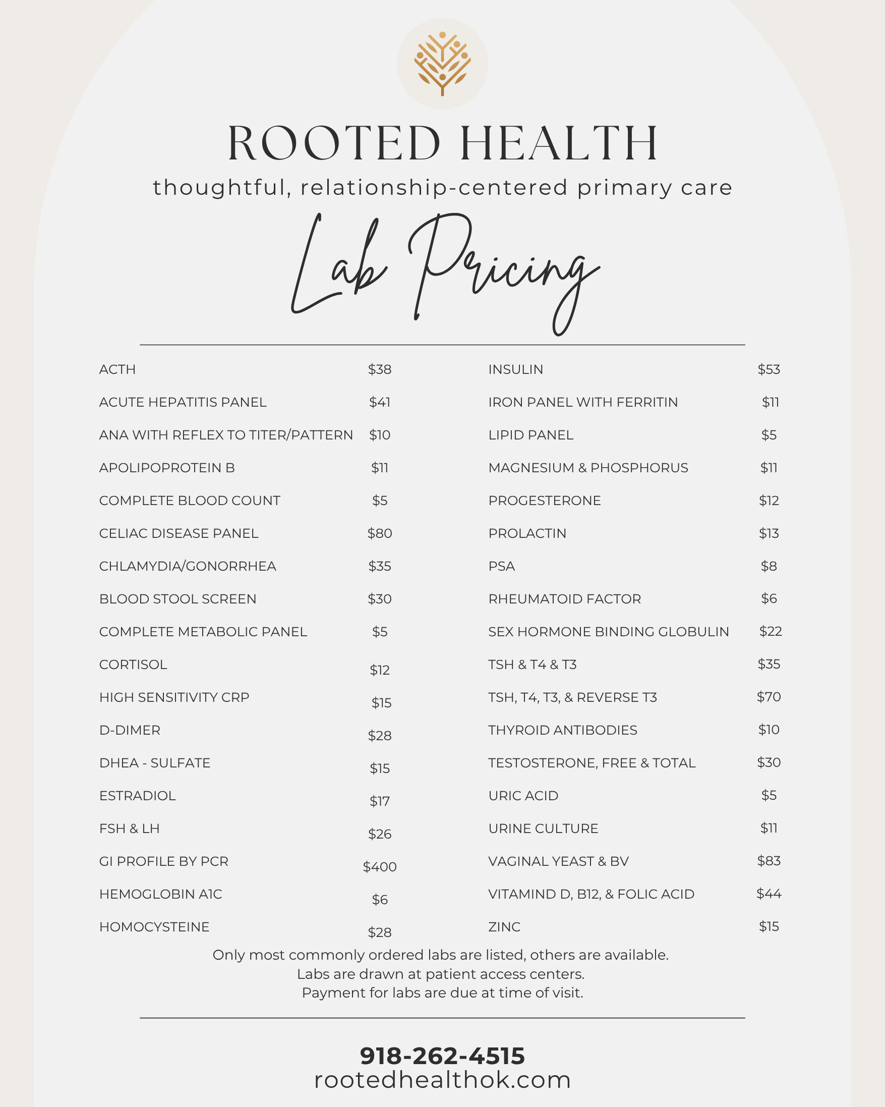 A price list for various lab tests at Rooted Health, including tests for hormones, vitamins, and other health markers, with prices ranging from $5 to $400, with additional information about lab procedures and payment.
