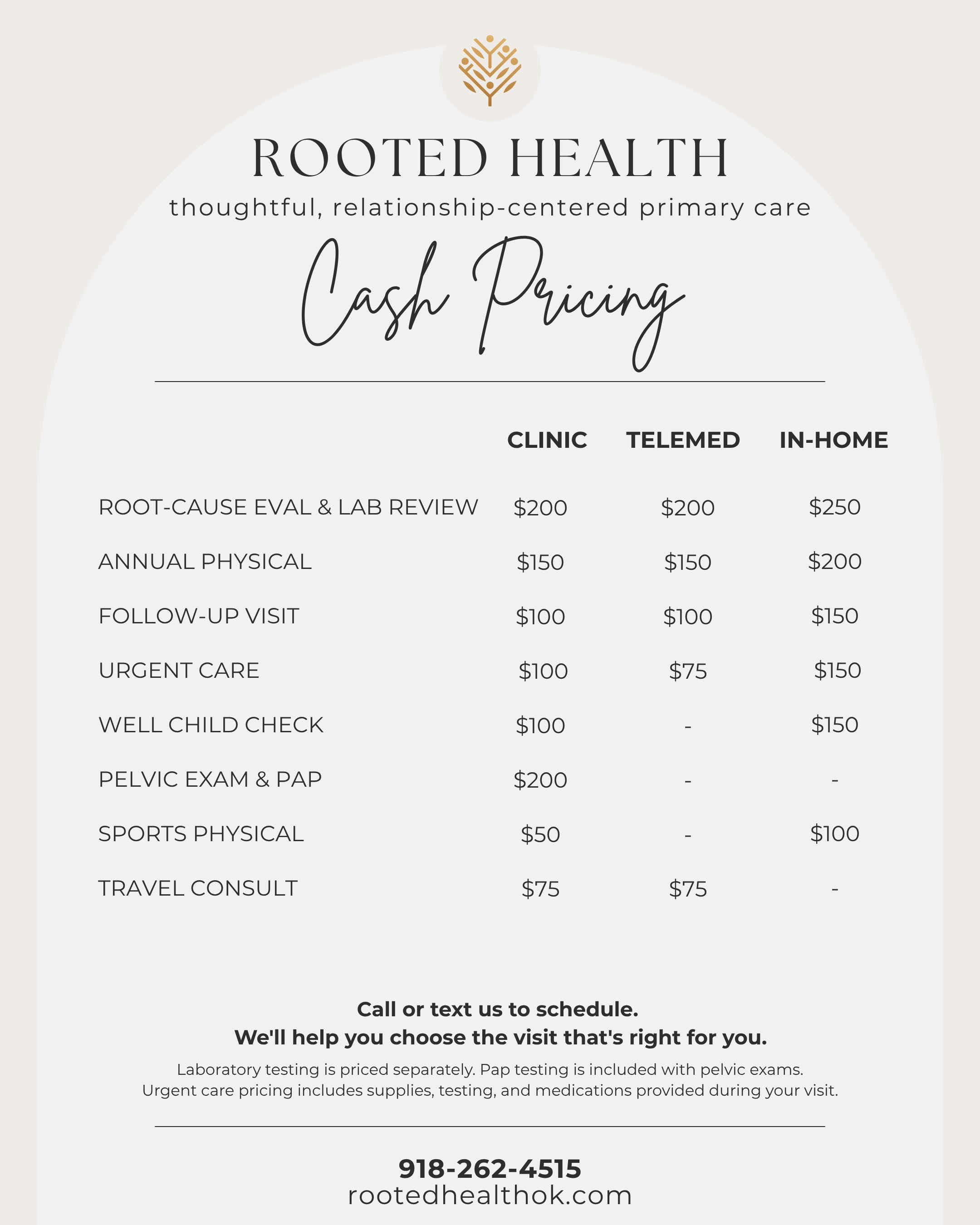 A flyer for Rooted Health offering various primary care services and their prices, including root-cause evaluation, physicals, follow-up visits, urgent care, well child checks, pelvic exams, and sports physicals, with contact information and website.