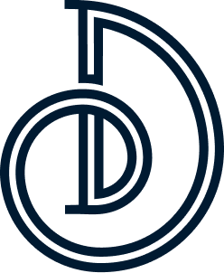 A stylized, dark blue outlined letter 'D' with a quarter circle arching over it.