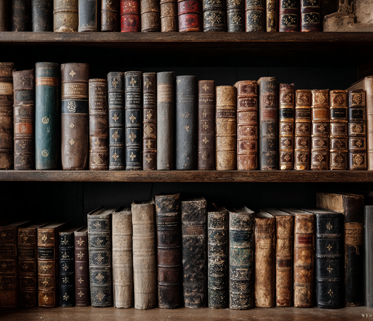 A close-up of three wooden shelves filled with old, leather-bound books with gold embossed titles and designs.