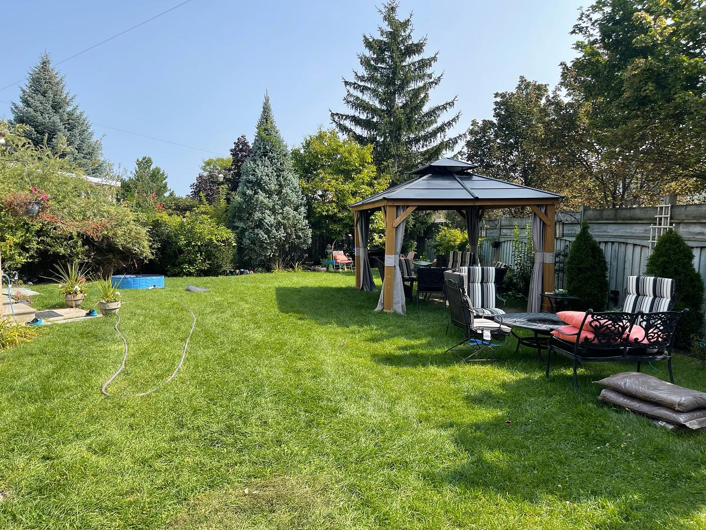 A backyard with well-maintained green grass, a gazebo with outdoor furniture, and lush trees and shrubs along a wooden fence.