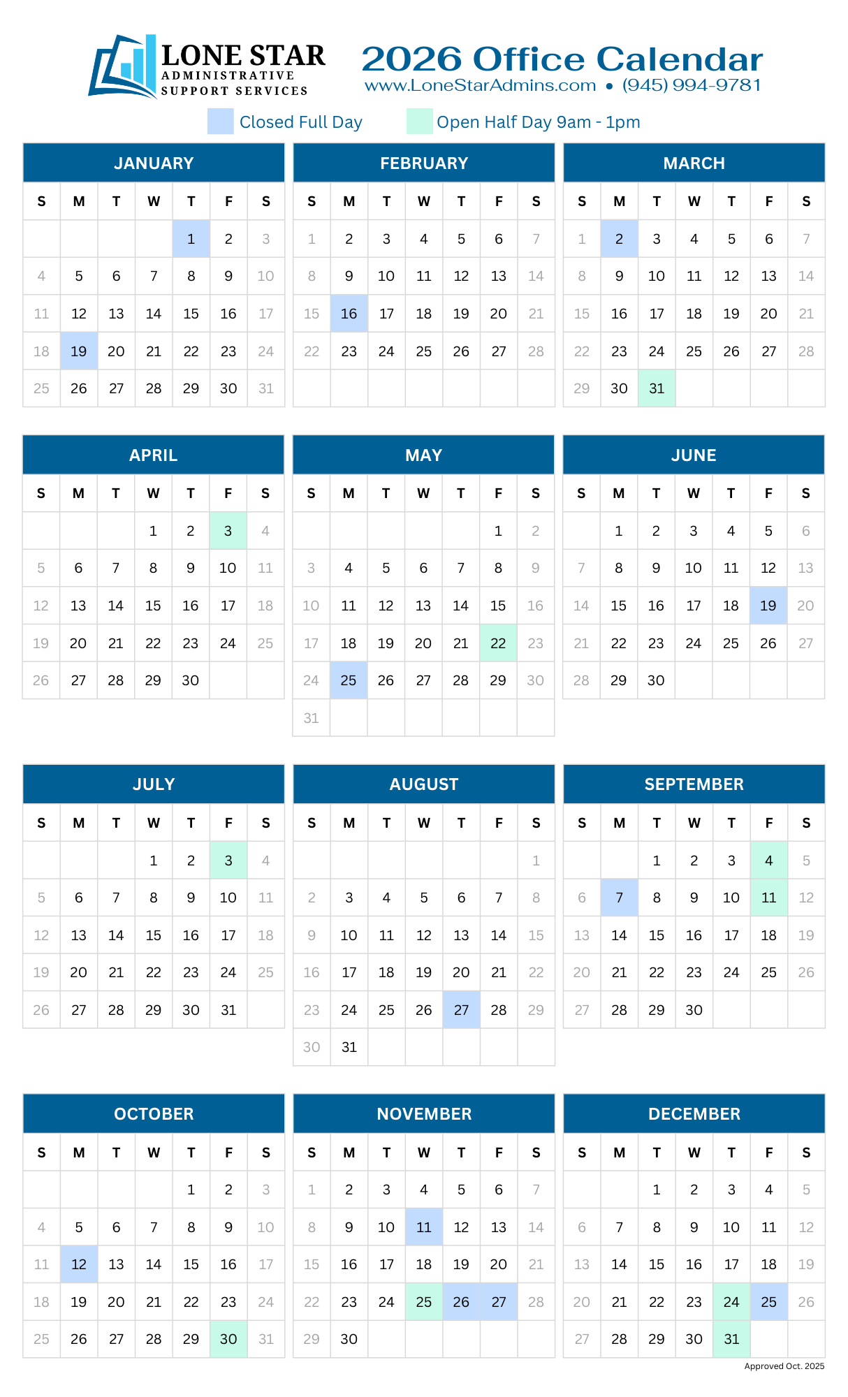 Lone Star Administrative Support Services 2026 Office Calendar