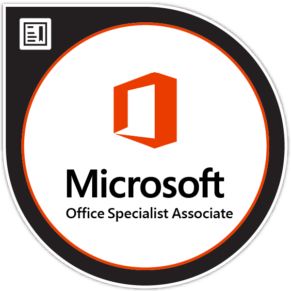 Microsoft Office Specialist Associate badge with the Microsoft logo and text in black and orange.