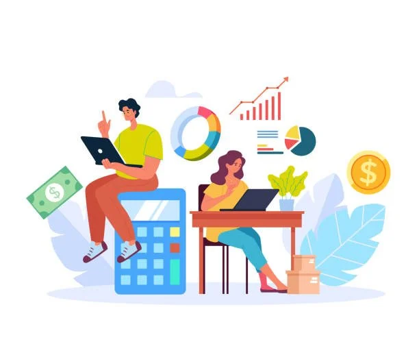 Illustration of two people working with financial charts, money, and a calculator, depicting financial analysis or business planning.