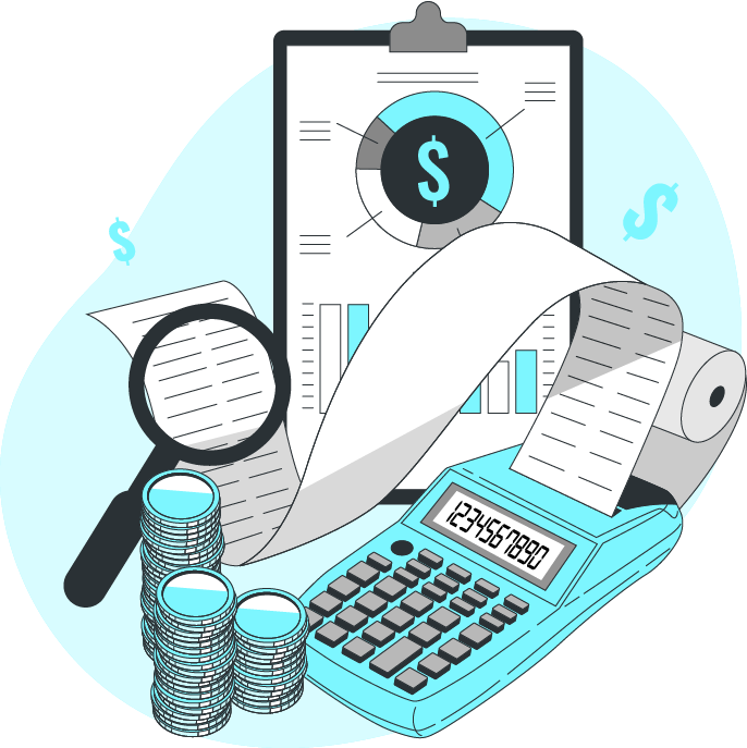 Illustration of financial analysis tools including a calculator, receipt, stacks of coins, a magnifying glass, a report with graphs, and dollar signs.