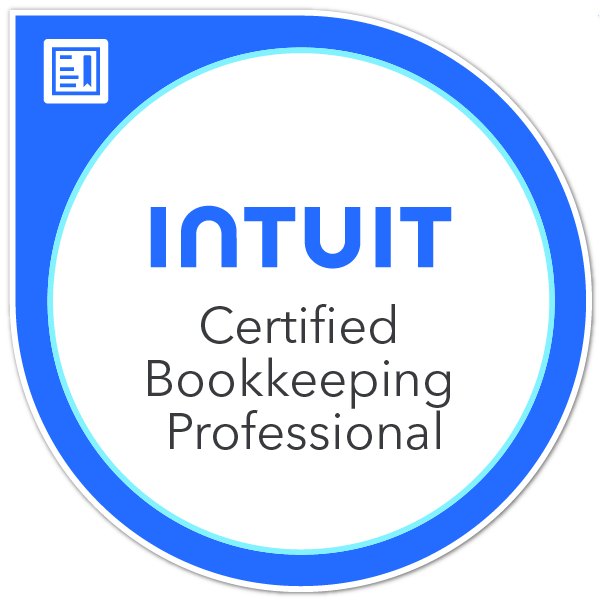 Circular badge with a blue and white design, featuring the text "INTUIT Certified Bookkeeping Professional" and the Intuit logo in the top left corner.