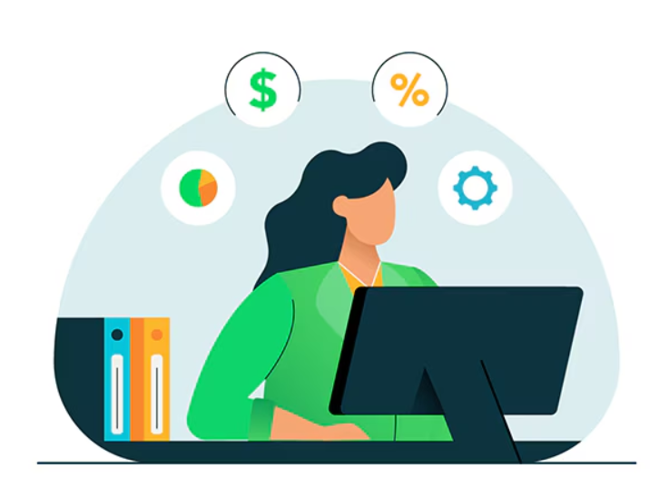 Illustration of a woman working at a computer with icons above representing financial growth, percentages, pie charts, and gear settings.