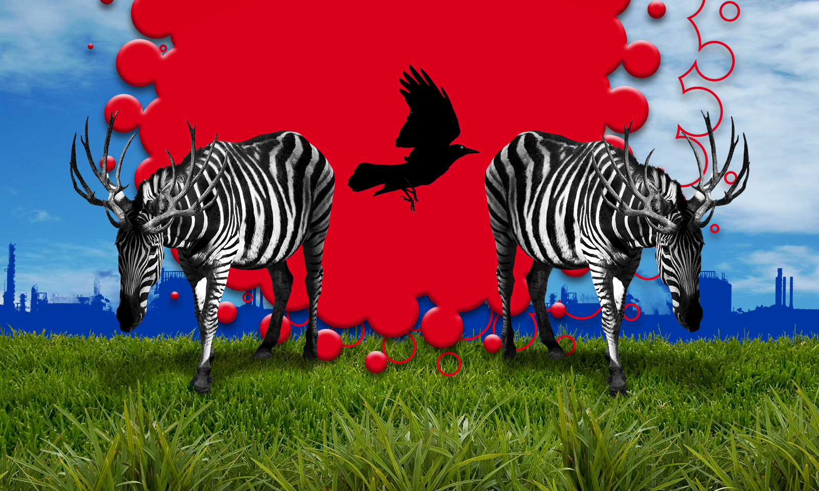 Two black and white zebras with antlers standing on a grassy field, with a dark cloud in the sky and silhouettes of factories in the background.