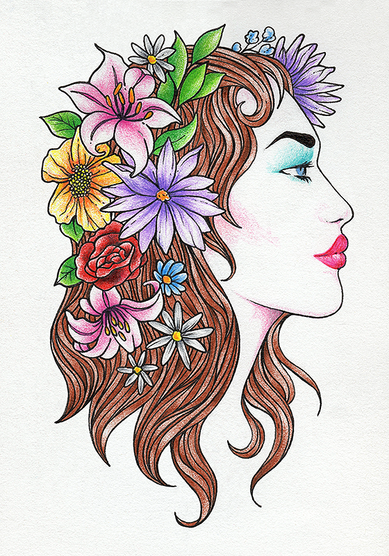 
Ink & Pencil Illustration - Girl with Flowers