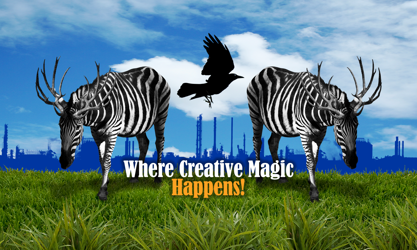 Two zebras with black and white stripes and large antlers standing on green grass in front of an industrial factory skyline under a blue sky with clouds. A black silhouette bird flying above them. Overlaid text reads: 'Where Creative Magic Happens!'