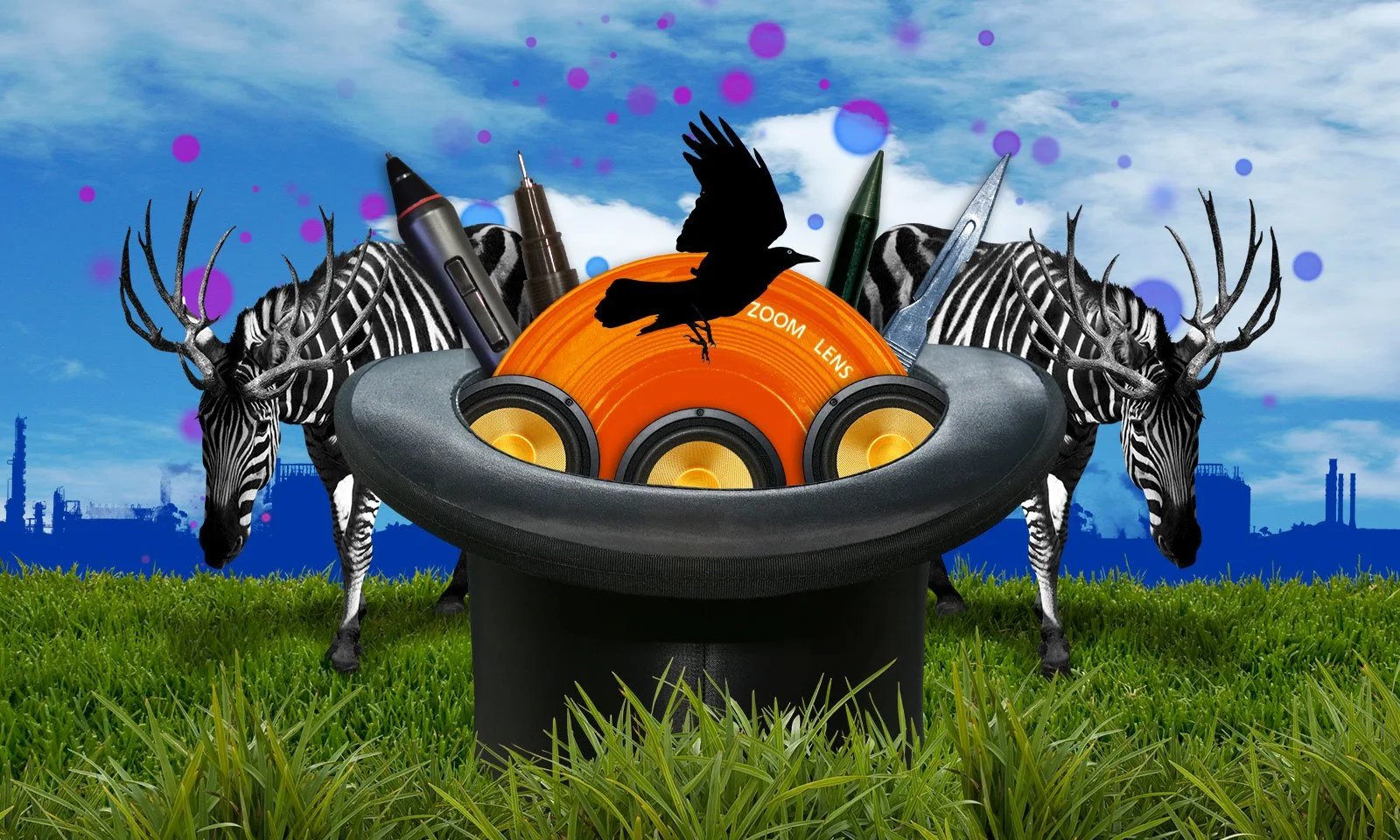 Artwork with zebras, a speaker, pens, a camera lens, a bird, and abstract colorful elements on a grassy field with a cloudy sky background.