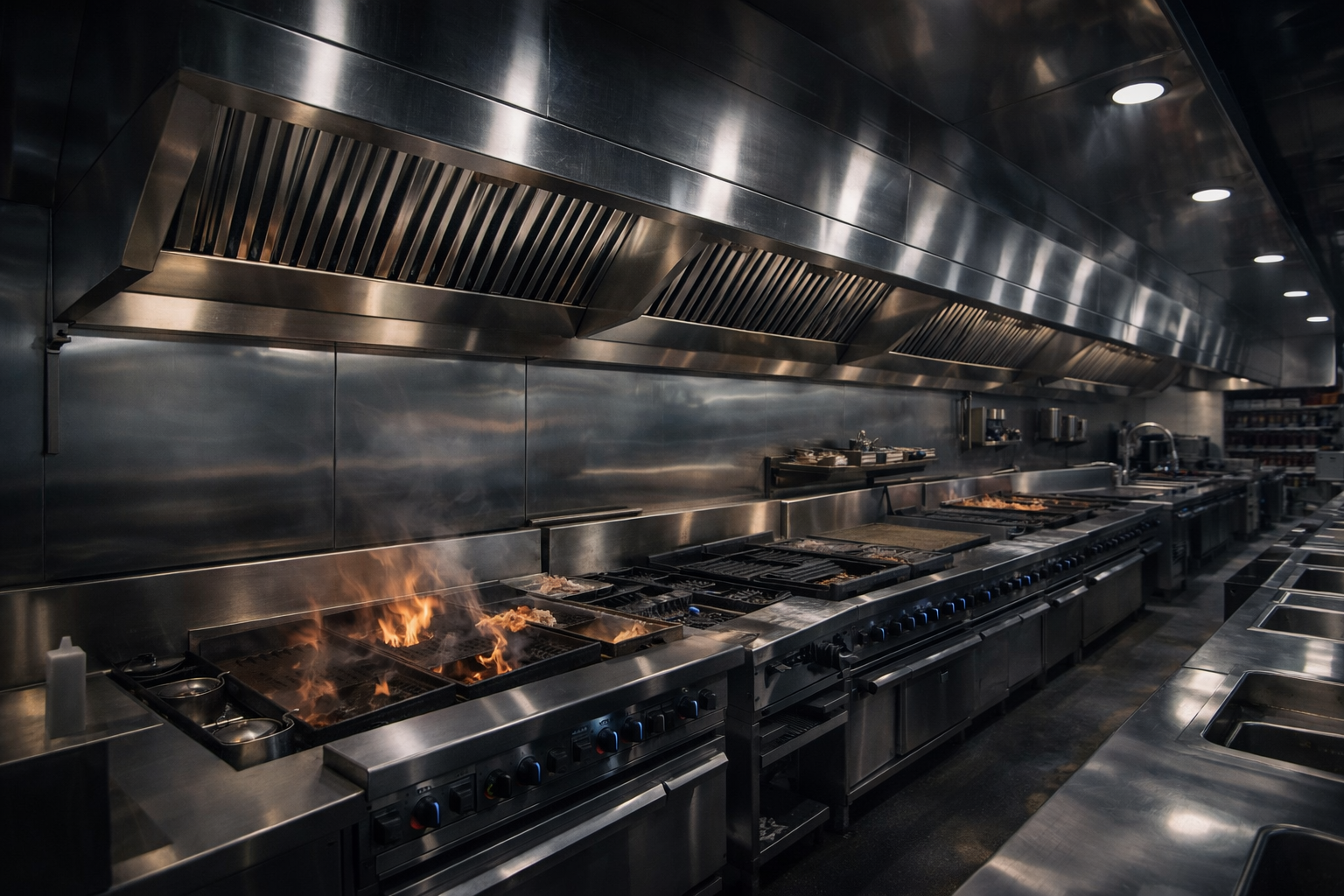 Commercial kitchen cooking line with stainless steel equipment, ventilation hood system, and exhaust hoods installed for restaurant operations.