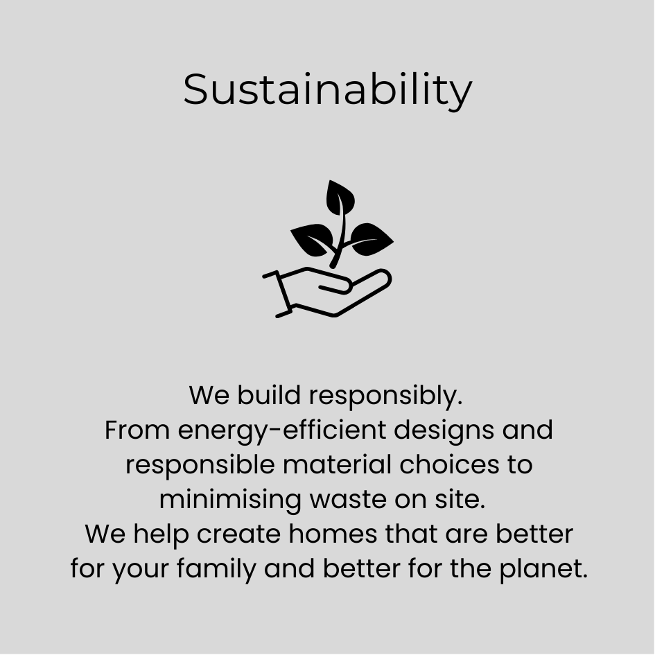 A gray informational poster about sustainability featuring a black icon of a hand holding a small plant with leaves, and text emphasizing responsible building practices for better homes and the environment.