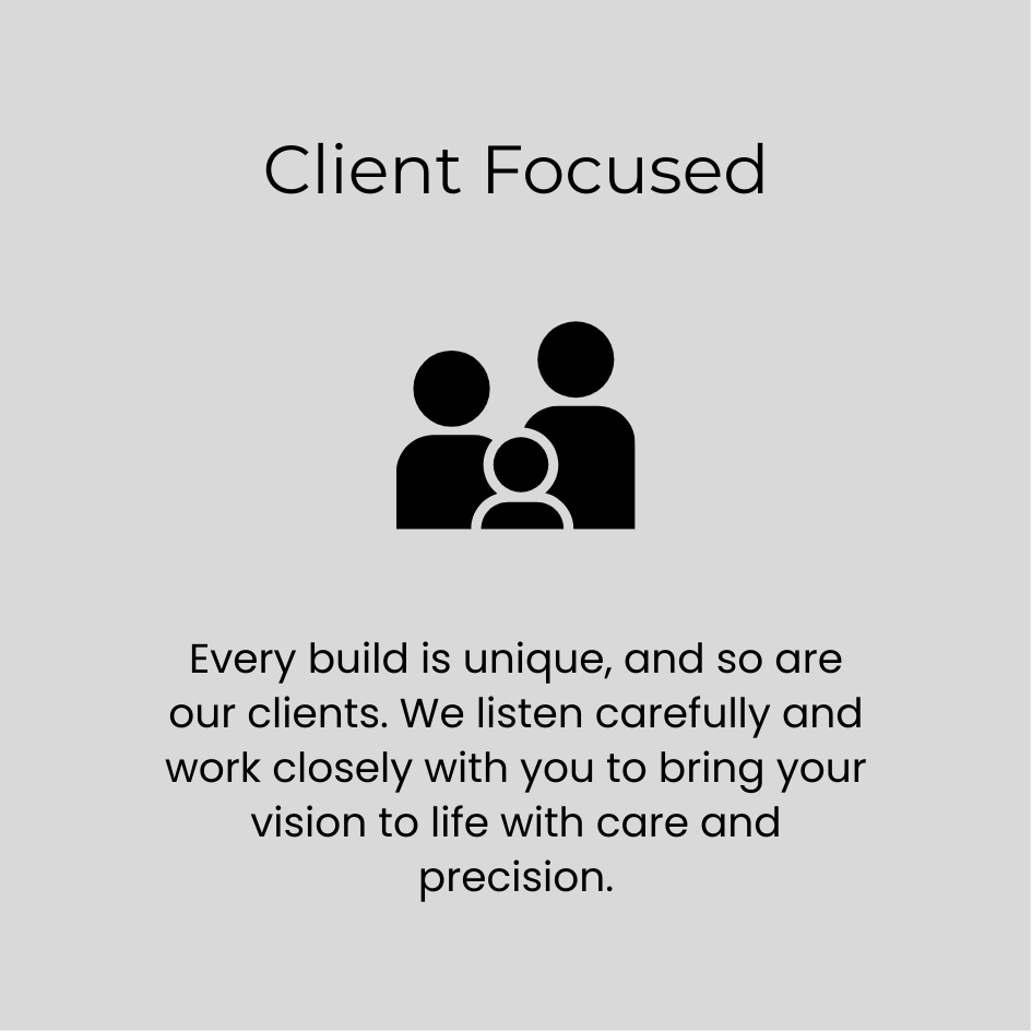 A presentation slide with a gray background, displaying the text 'Client Focused' and an icon of three people, with a paragraph about listening to clients and working closely to bring their vision to life with care and precision.