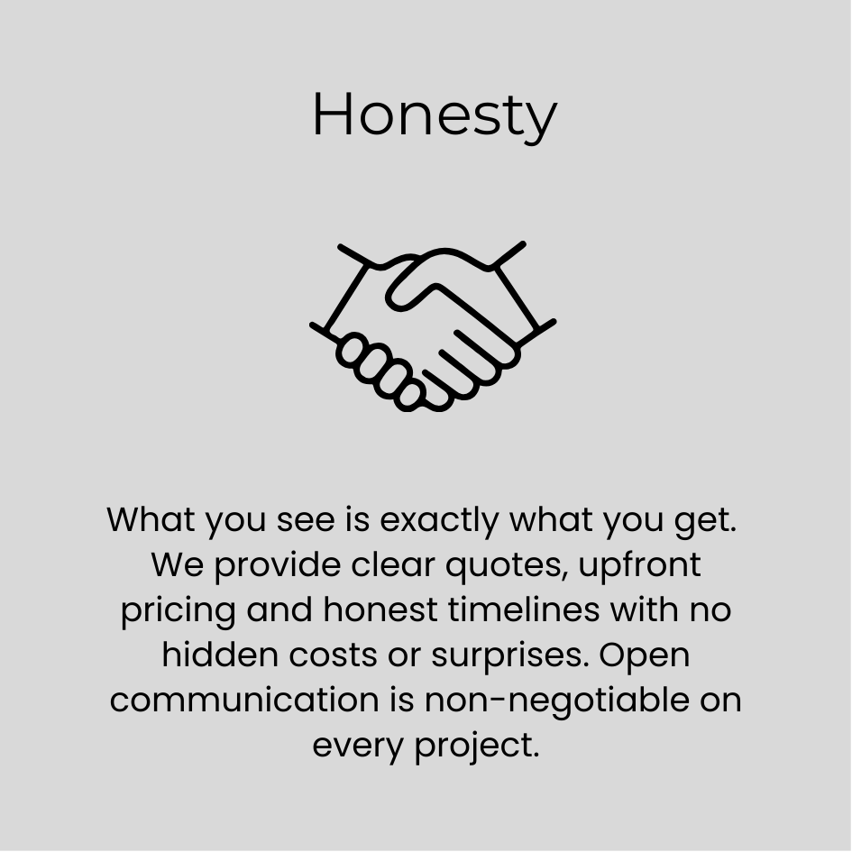 A graphic with the word 'Honesty' and an illustration of a handshake. Below, text explains the value of honesty in providing clear quotes, upfront pricing, and honest timelines without hidden costs or surprises.