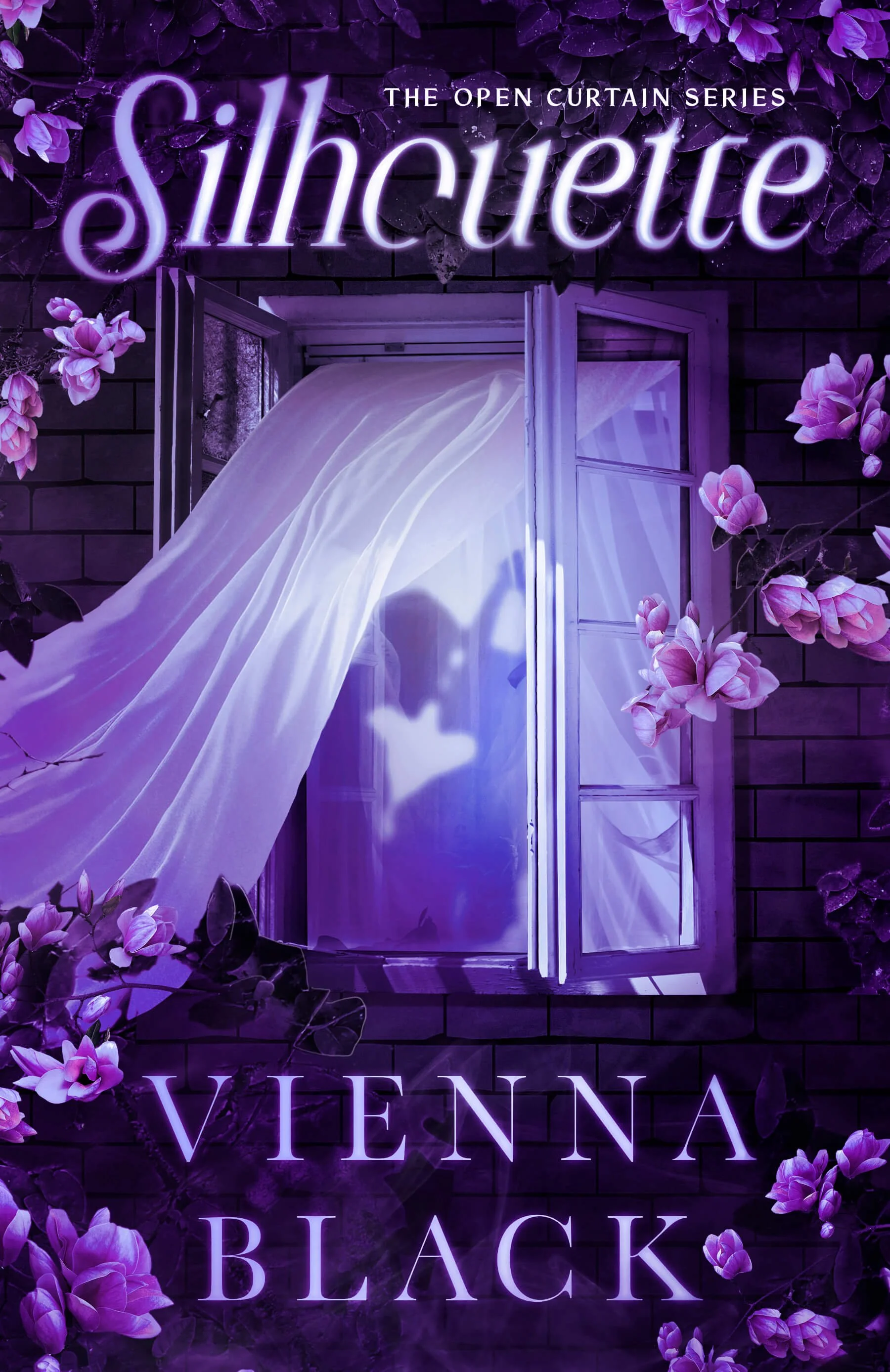 Book cover depicting a romantic couple as seen through an open bedroom window