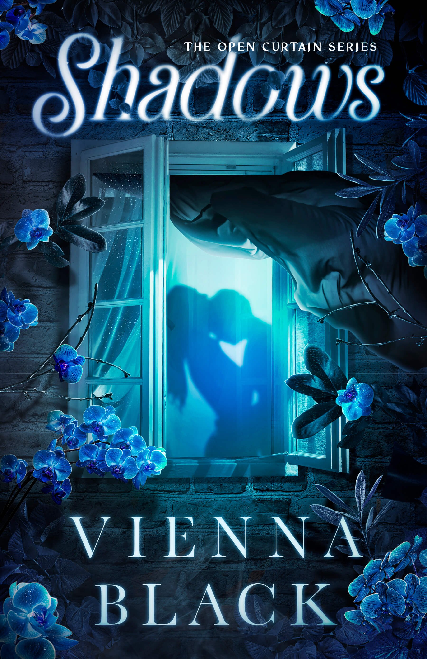 Book cover of Shadows, depicting a romantic couple as seen through an open window. Black drapes blow in the wind. Vibrant blue flowers bloom on vines covering the outside of the house outside the window. The title, Shadows, is written in large script