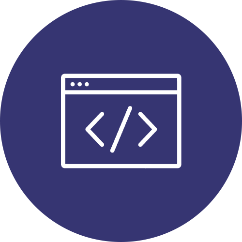 Icon of a web browser window with a code symbol (angle brackets with a slash) in the center, set against a dark blue circular background.