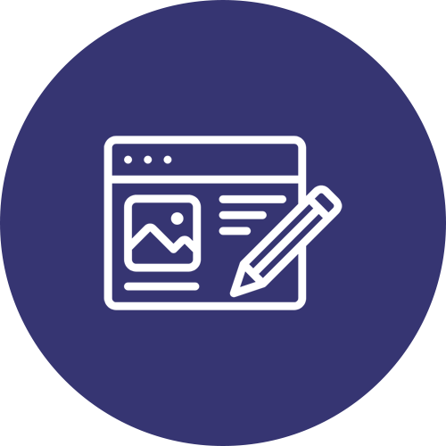 Icon of a webpage with a picture, text, and a pencil for editing, on a dark blue circular background.