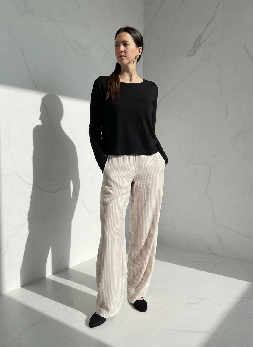 Striped Linen/Cotton blend Barrel-leg Pants