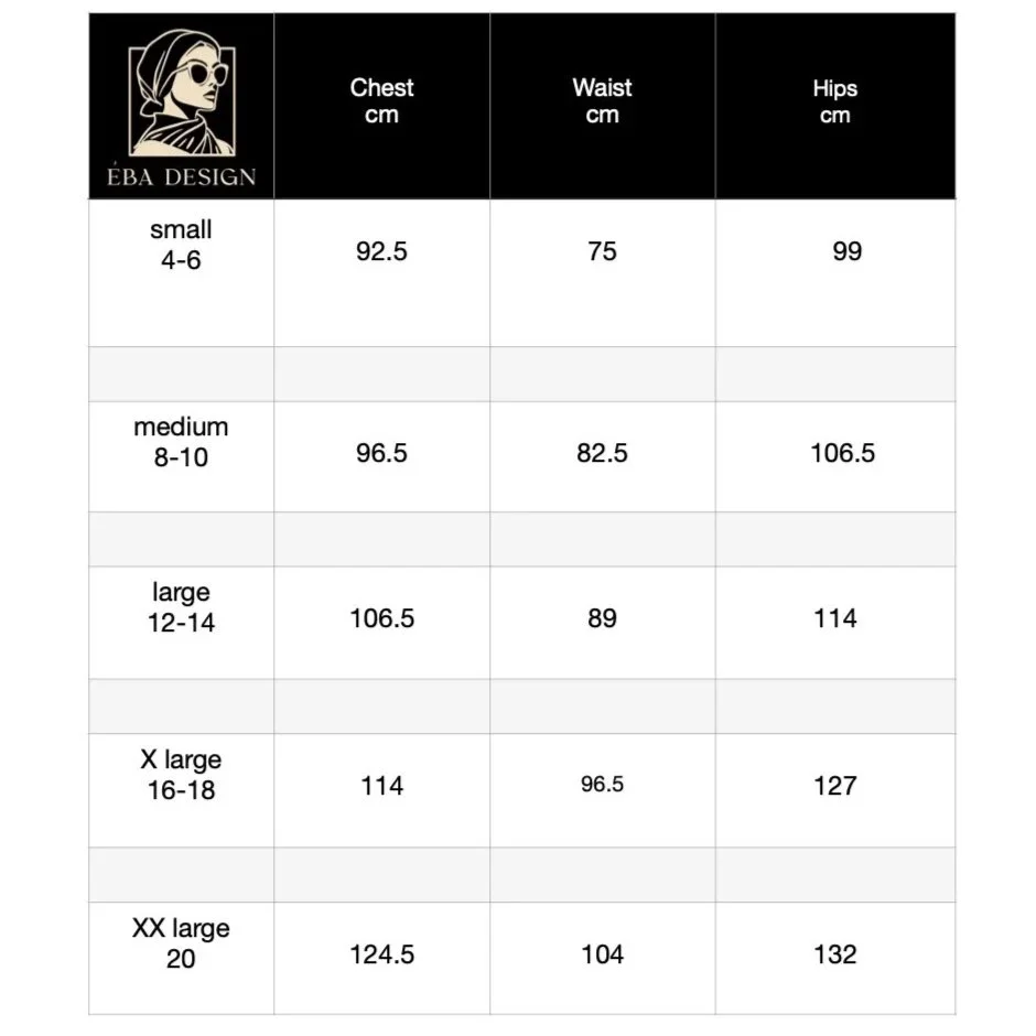 Size guide chart for clothing from EBA DESIGN, listing chest, waist, and hip measurements in centimeters for small, medium, large, X-large, and XX-large sizes.