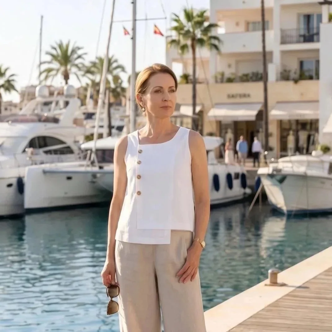 White Linen/Cotton blend Sleeveless asymmetric blouse