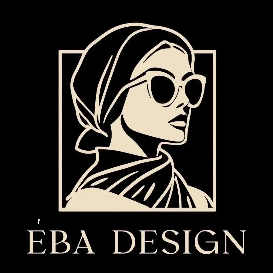 Stylized black and white illustration of a woman wearing sunglasses, a headscarf, and a scarf, with the text "ÉBA DESIGN" below.