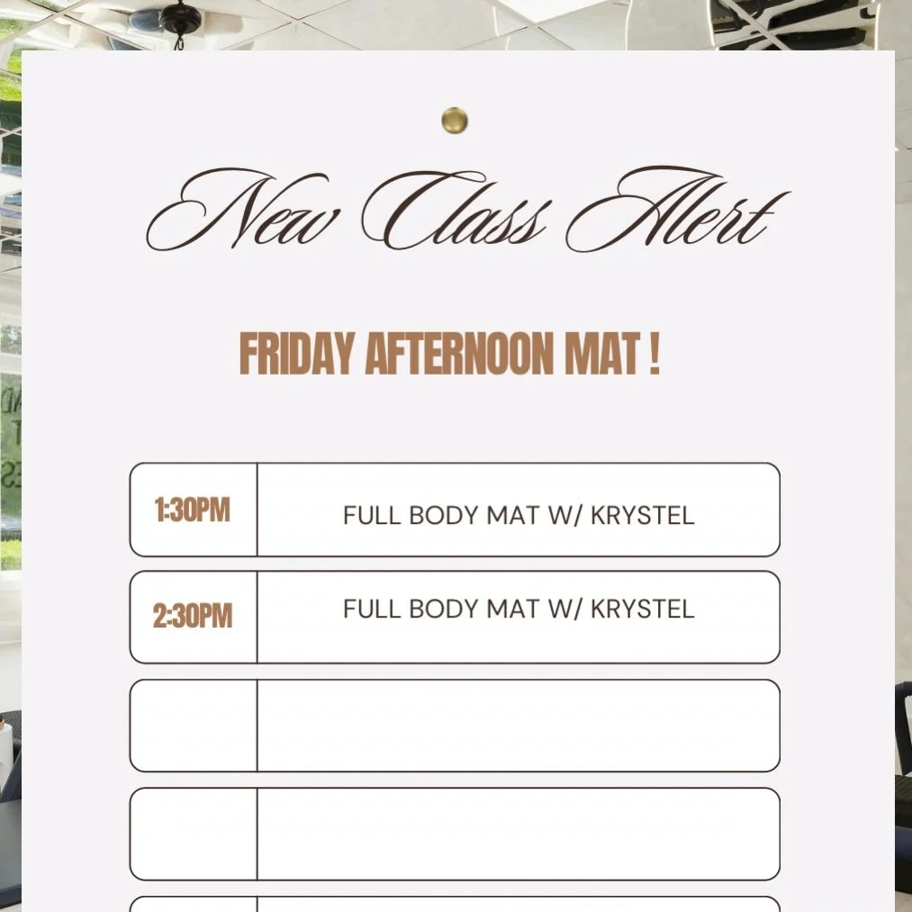 🚨New Class Alert !! Friday afternoons just got better ! Come get your mat Pilates workout in before your Friday night plans with @flowwithkrystel ! Let us know if you want to see more afternoon classes added throughout the week ‼️