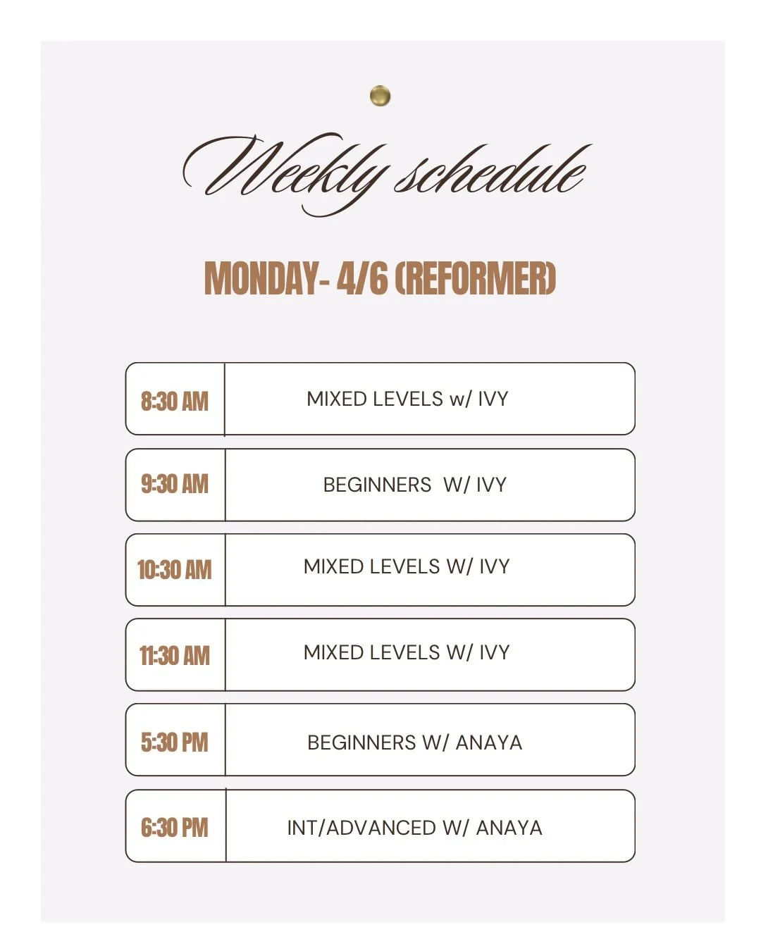 New week, new schedule 🤍✨Link In Bio 
Reformer + Mat classes running all week ! Monday through Sunday 🔥

Come get your workout in and meet our newest instructor Anaya 💫
Spots fill up fast, don&rsquo;t wait to book!