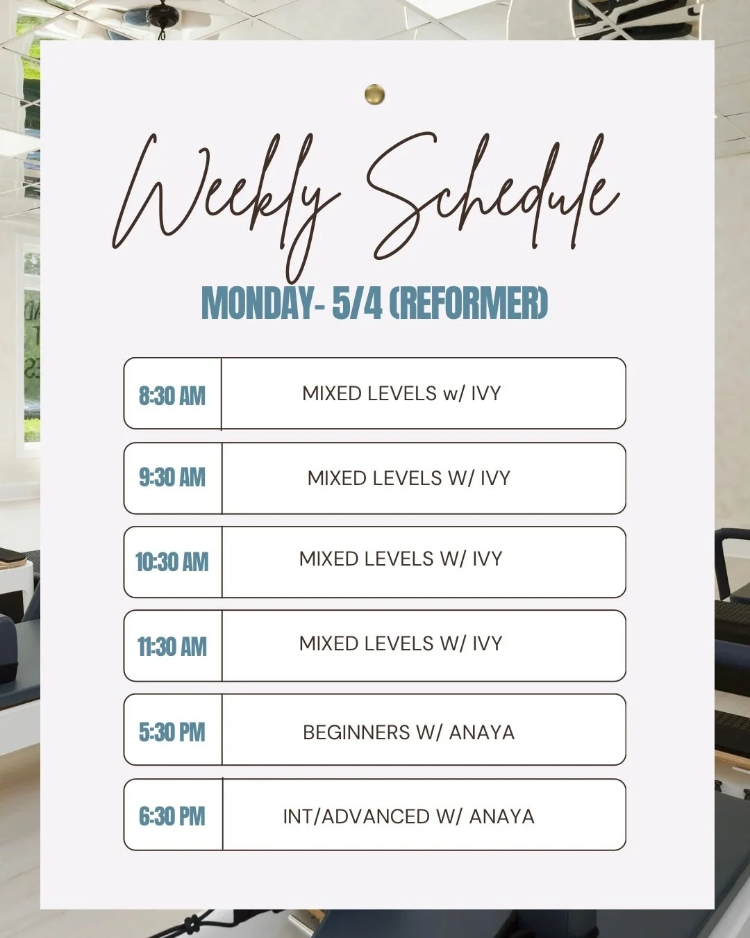 This week&rsquo;s Pilates schedule is live ✨
Book your reformer + mat classes now before spots fill up 💫