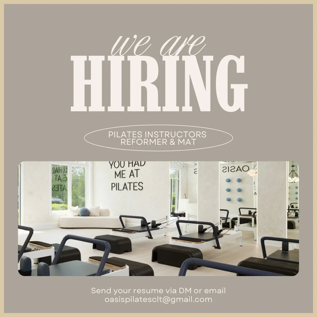 Oasis Pilates is currently hiring dedicated Pilates instructors for both Reformer &amp; Mat classes. If you&rsquo;re passionate about movement, creating a welcoming environment, and helping clients feel their best we&rsquo;d love to connect with you 