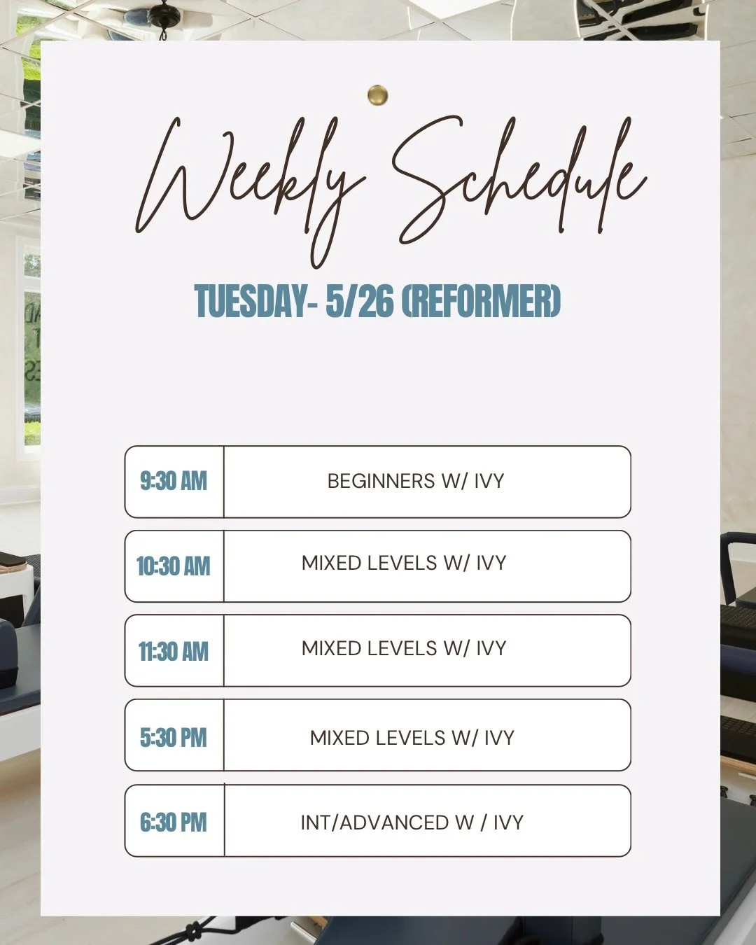 New week, new goals ✨
Your favorite classes are back at Oasis Pilates Studio￼ 💚

Reformer + Mat classes all week long 🖤
Come move, reset, and feel your best with us. Spots are filling fast &mdash; book ahead! ✨