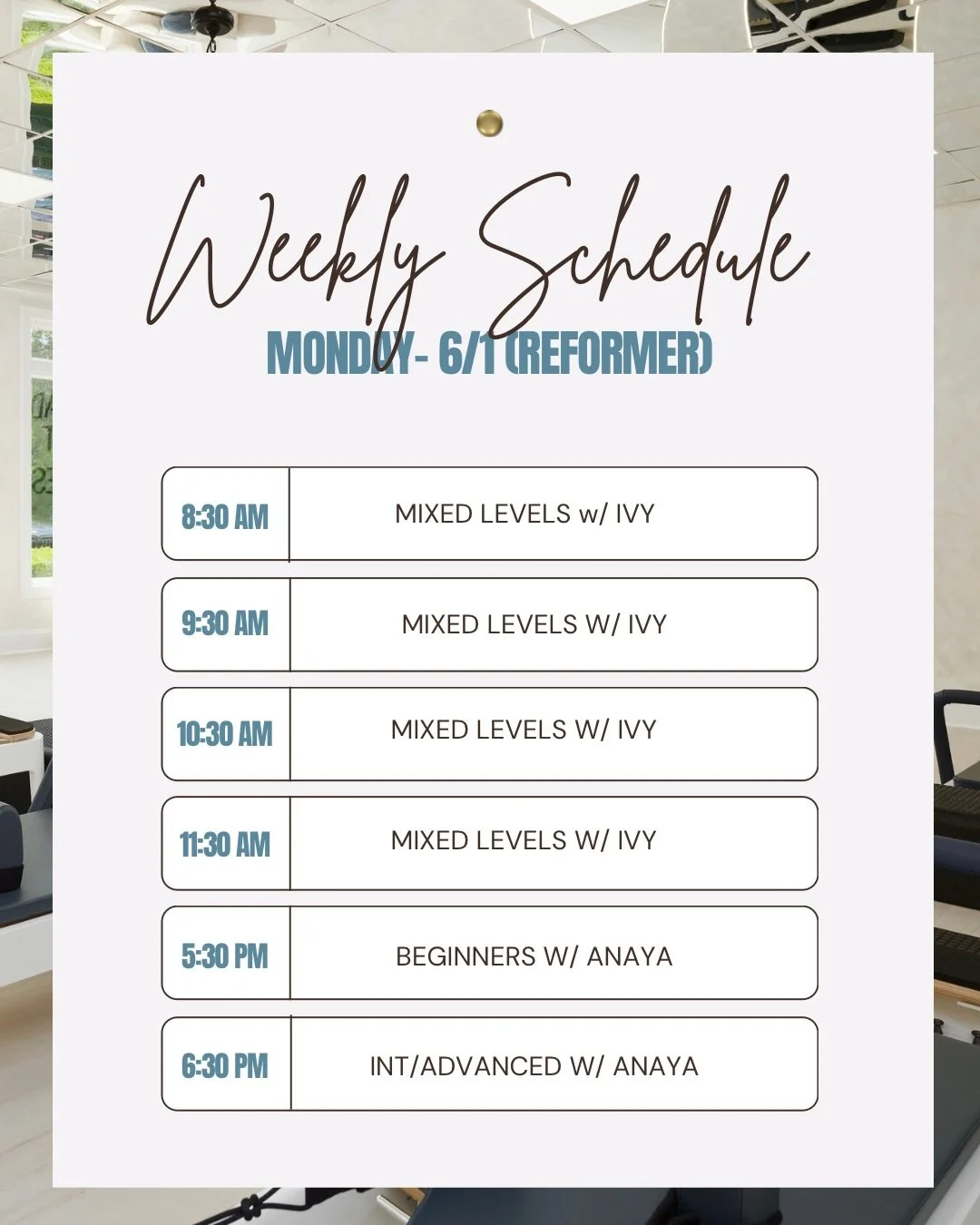 This week&rsquo;s schedule is in! 🗓️✨

Find a class that works best for you and book through the link in our bio.

Early birds, we added Friday morning classes at 6 AM + 7 AM! 🤍

Also help us welcome our newest instructor, Anjali! ✨