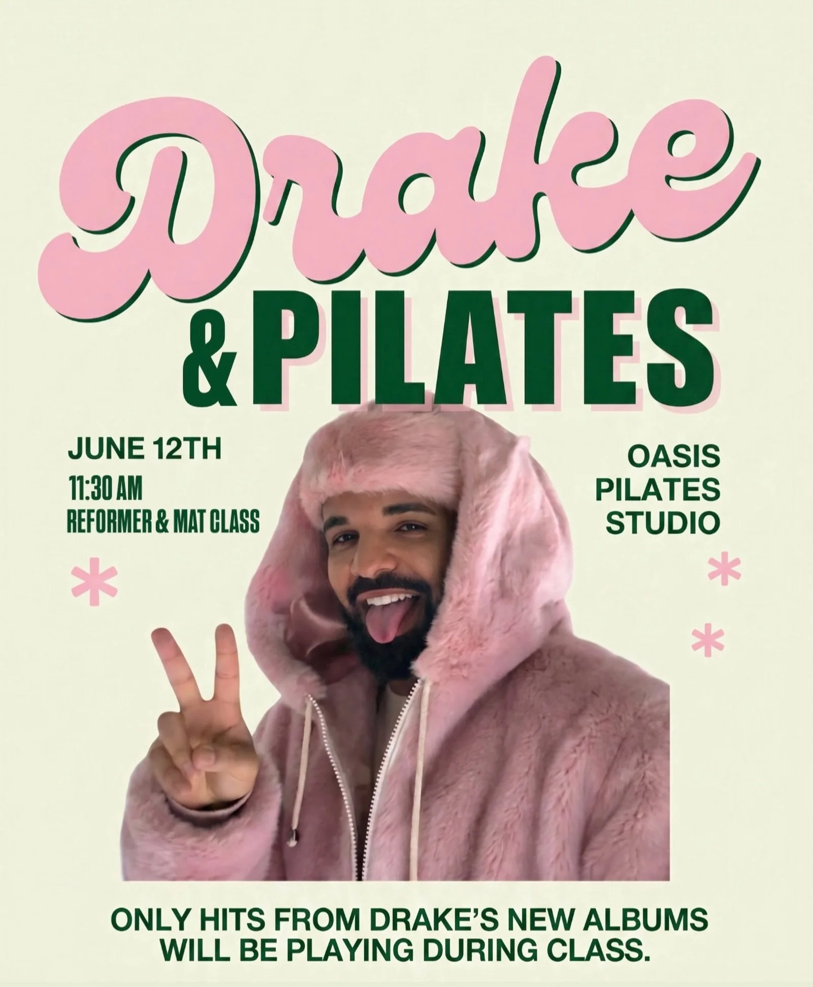 🎶 DRAKE &amp; PILATES 🎶

Next Friday at 11:30 AM, we&rsquo;re turning up the vibes at Oasis Pilates with a special Drake-themed class! 🔥
Join us for Mat &amp; Reformer Pilates while we play nothing but hits from Drake&rsquo;s newest albums. Whethe