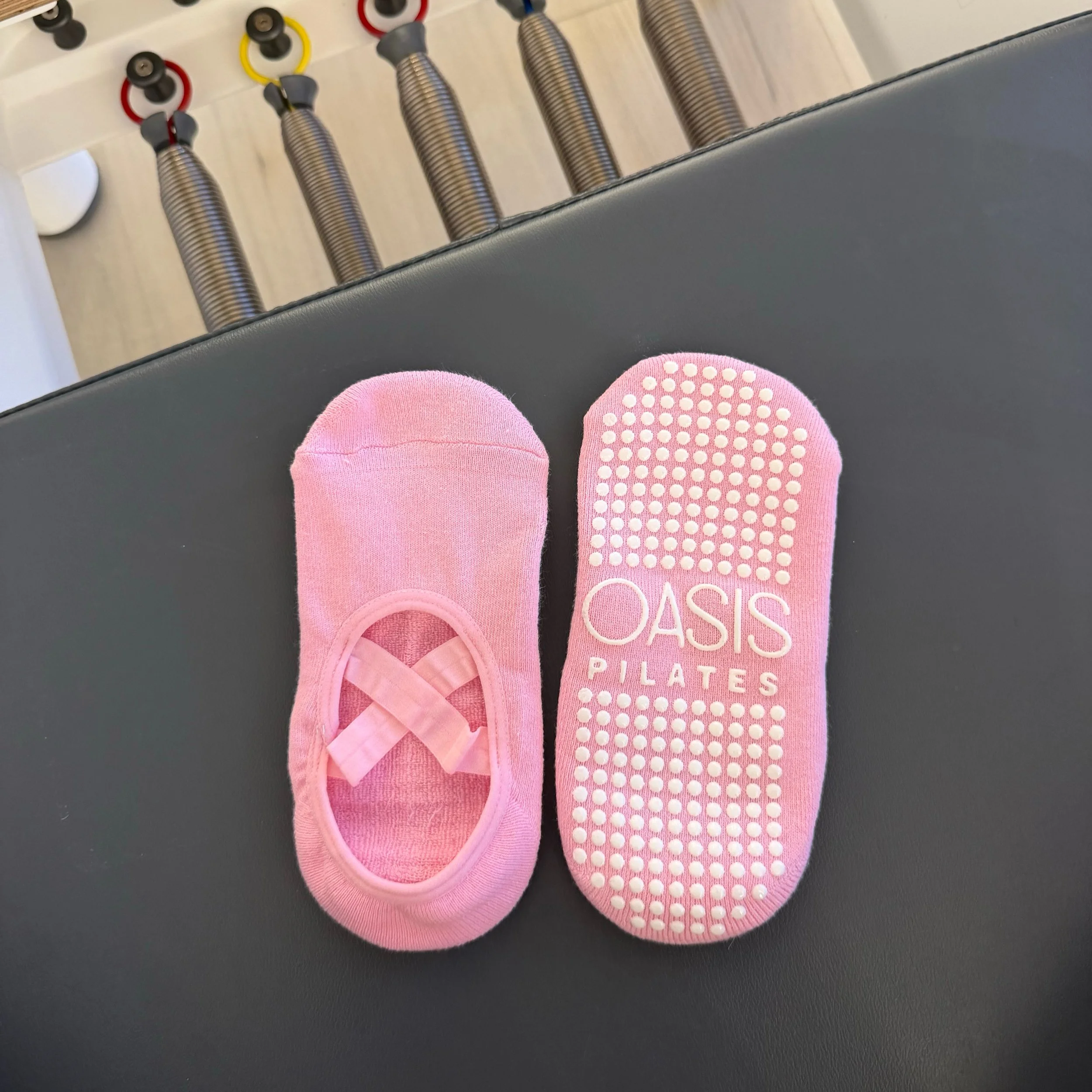 Pretty in pink 💕 Our newest Oasis grip sock have arrived!

Also Available is our classic blue crisscross style as well as our ankle grip socks in a neutral beige you&rsquo;ll love. 🤍

And guess what... we&rsquo;re adding ONE more color next month ?